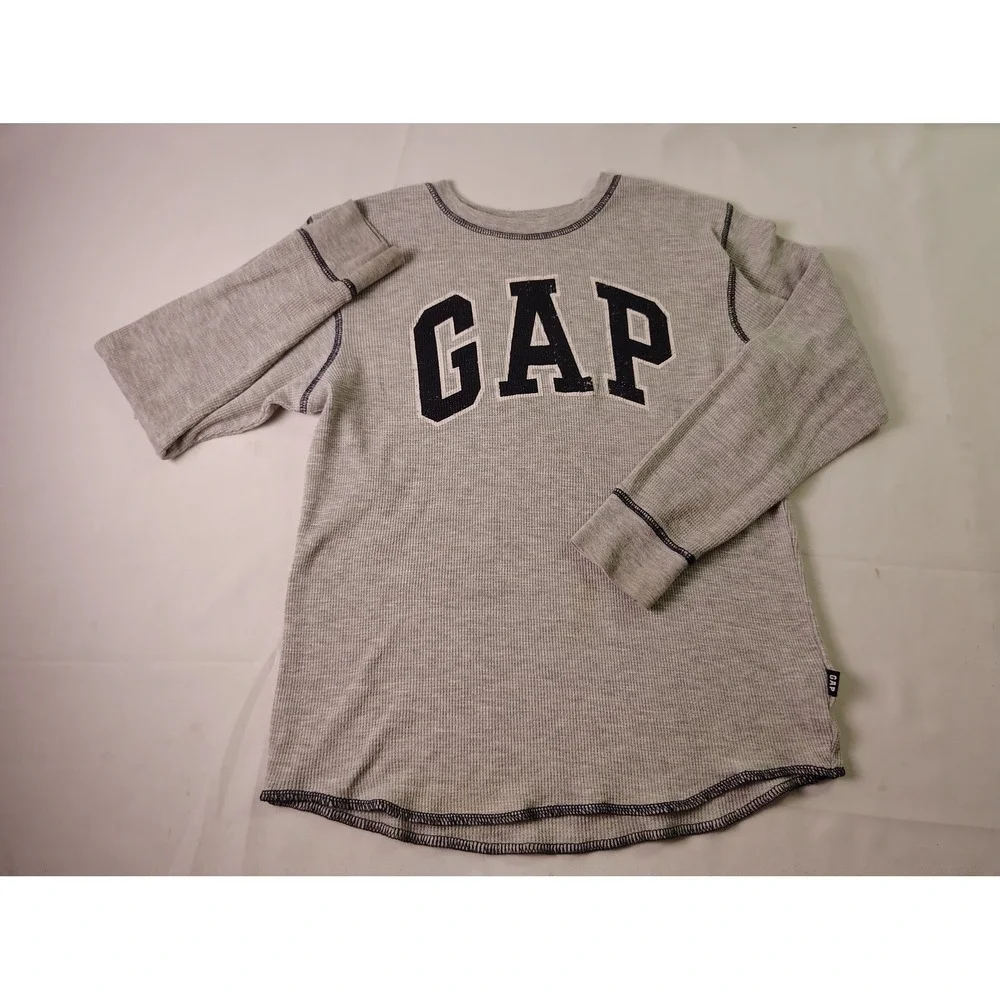 Gap Kids Shirt Boys Sz M Gray Waffle Knit‎ Thermal Long Sleeve Big Logo Pullover